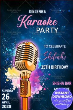 Karaoke Themed 35th Birthday Invitation with Retro Microphone and Neon Splashes