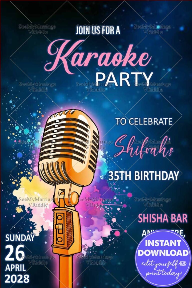 Karaoke Themed 35th Birthday Invitation with Retro Microphone and Neon Splashes