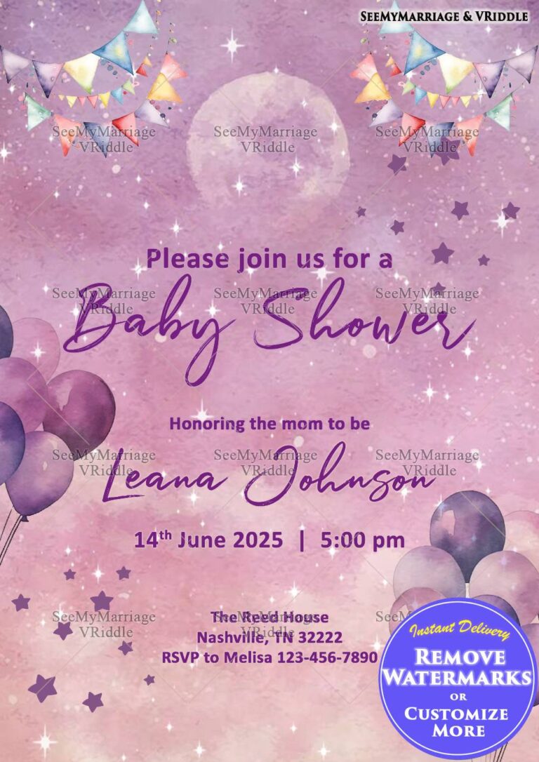 Lavender Celestial-Themed Baby Shower Invitation with Dreamy Balloons and Pastel Stars