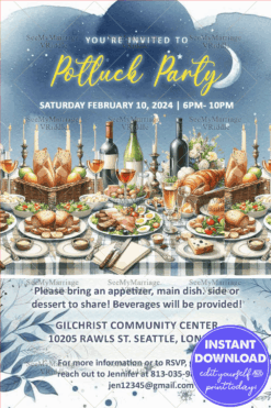 Light Blue Potluck Party Invitation with Illustrated Fruits, Drinks, and Community Gathering