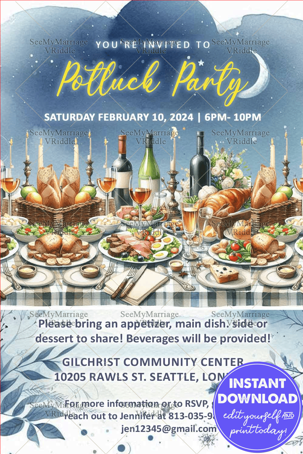 Light Blue Potluck Party Invitation with Illustrated Fruits, Drinks, and Community Gathering