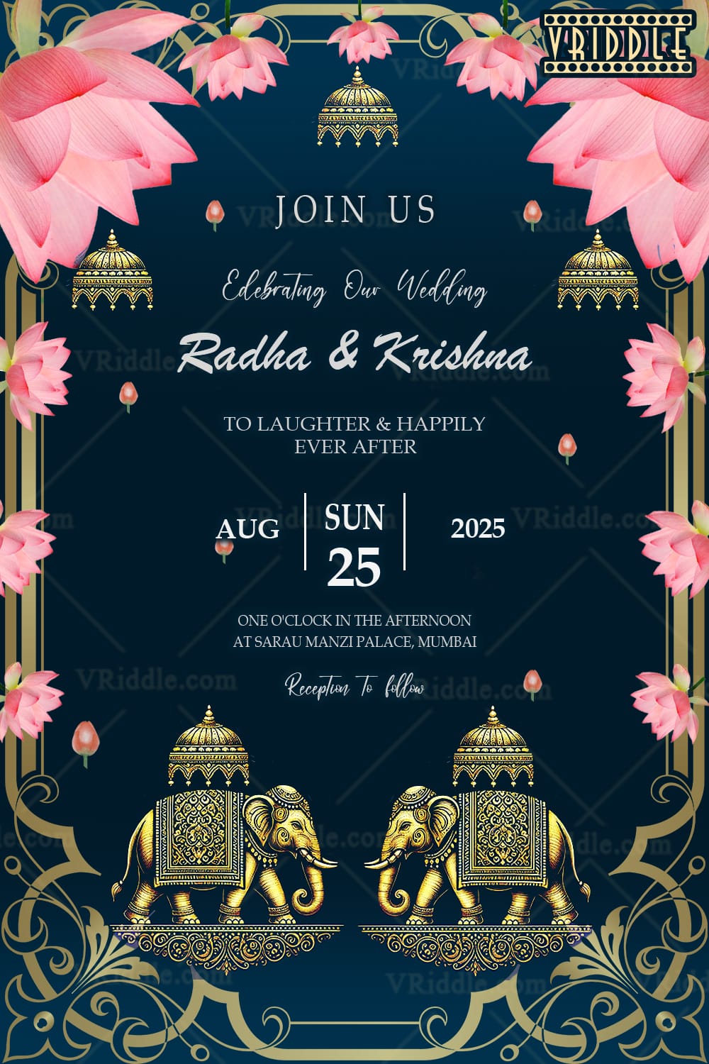 Lotus Elegance Wedding Invitation with Gold Elephant Accents