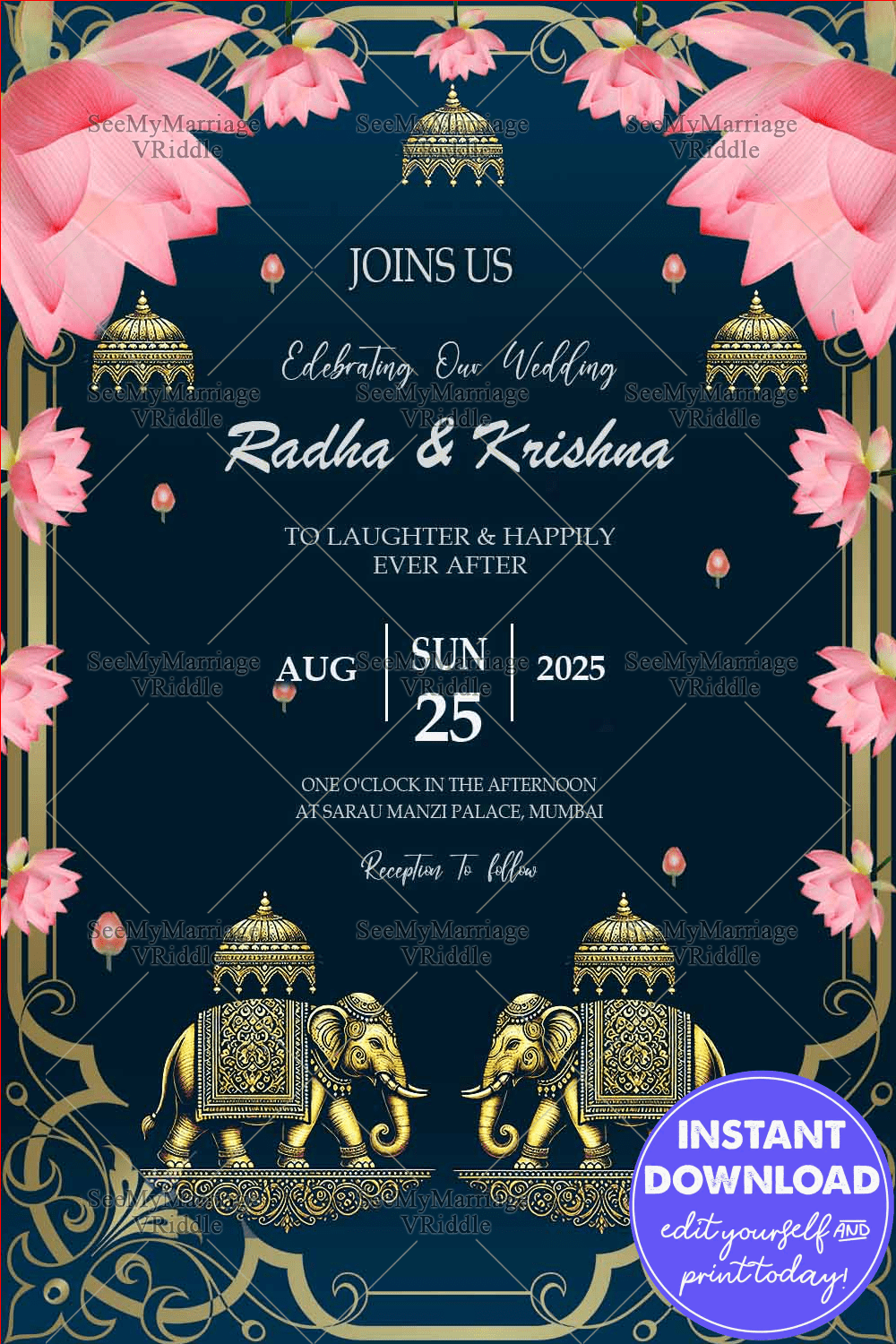 Lotus Elegance Wedding Invitation with Gold Elephant Accents