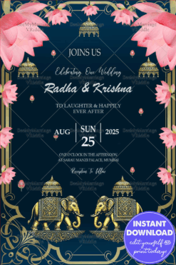 Lotus Elegance Wedding Invitation with Gold Elephant Accents