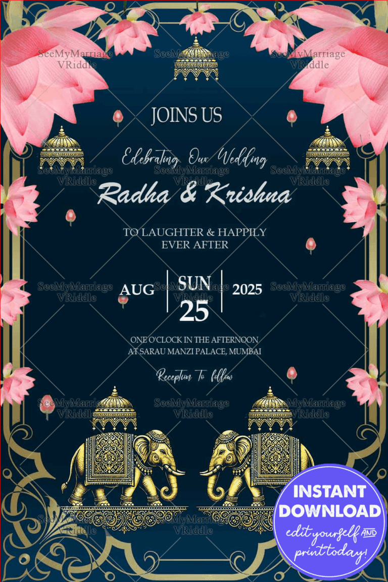 Lotus Elegance Wedding Invitation with Gold Elephant Accents