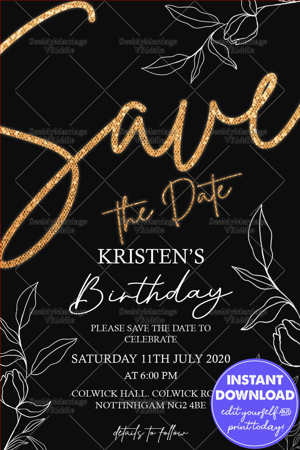 Luxurious Black and Gold Floral Save the Date Birthday Invitation