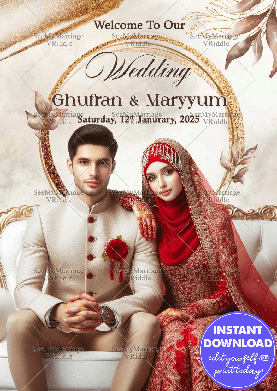 Luxurious Muslim Wedding Banner with Red and Gold Accents Featuring Bride and Groom Portrait