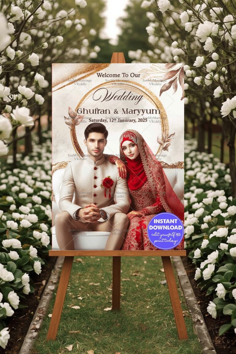 Luxurious Muslim Wedding Banner with Red and Gold Accents Featuring Bride and Groom Portrait
