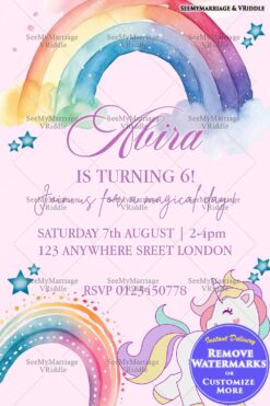Magical Unicorn 6th Birthday Invitation with Pastel Pink Rainbow and Starry Theme