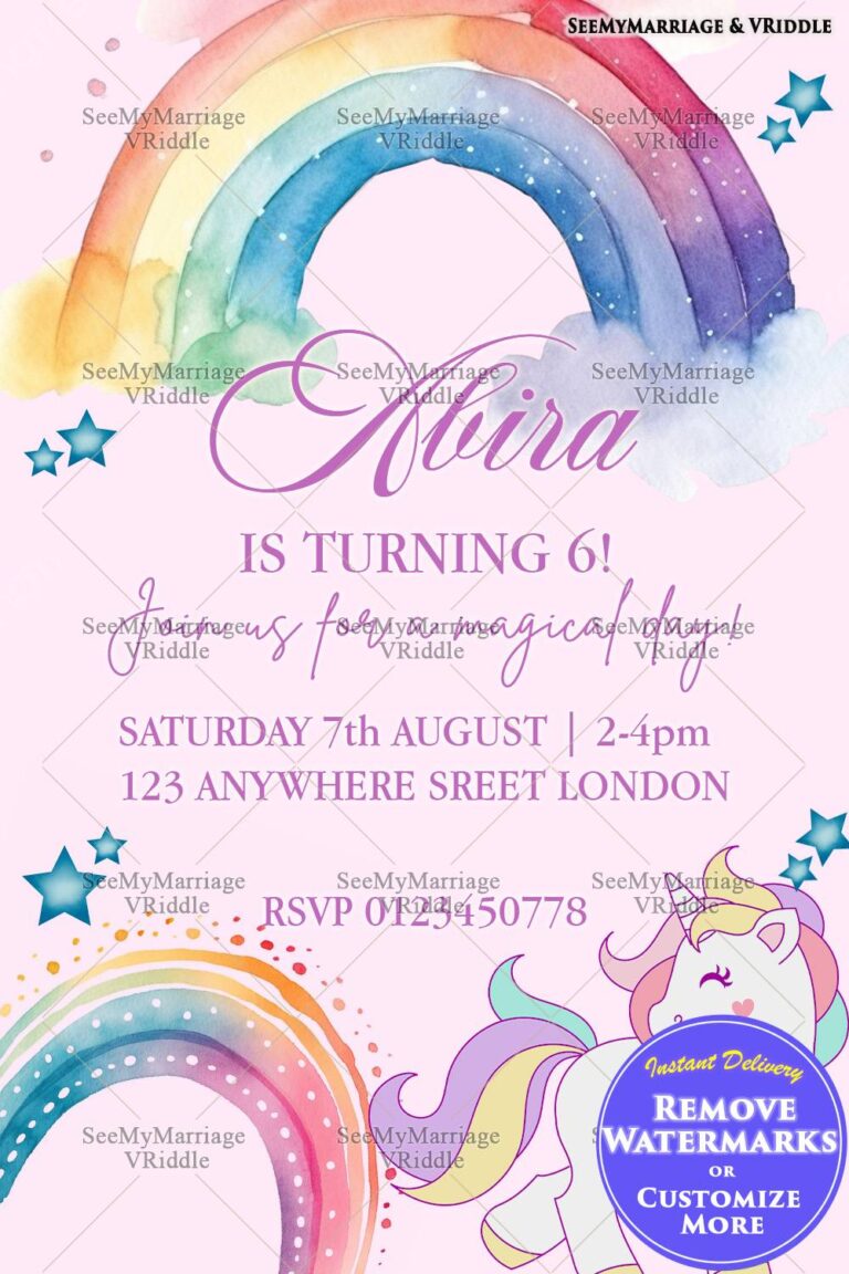 Magical Unicorn 6th Birthday Invitation with Pastel Pink Rainbow and Starry Theme