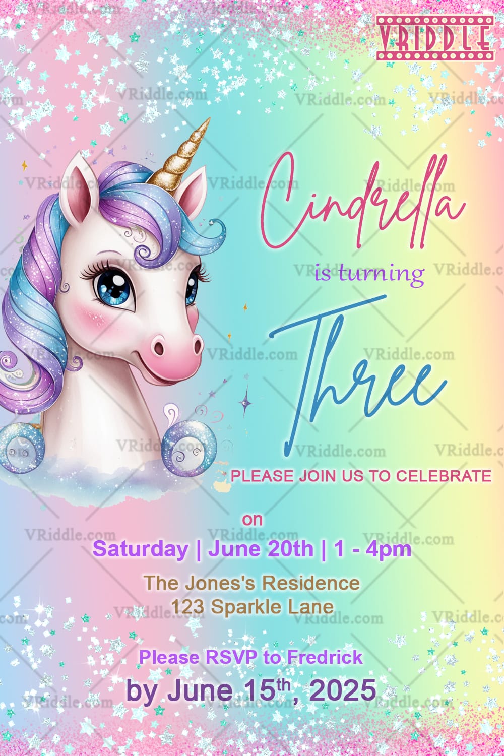 Magical Unicorn Birthday Invitation for Cindrella's Third Celebration