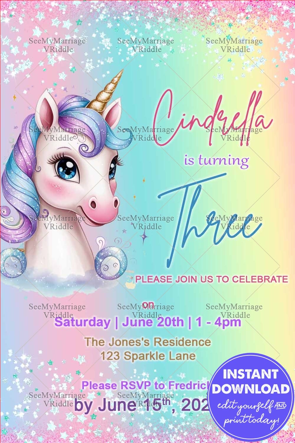 Magical Unicorn Birthday Invitation for Cindrella's Third Celebration