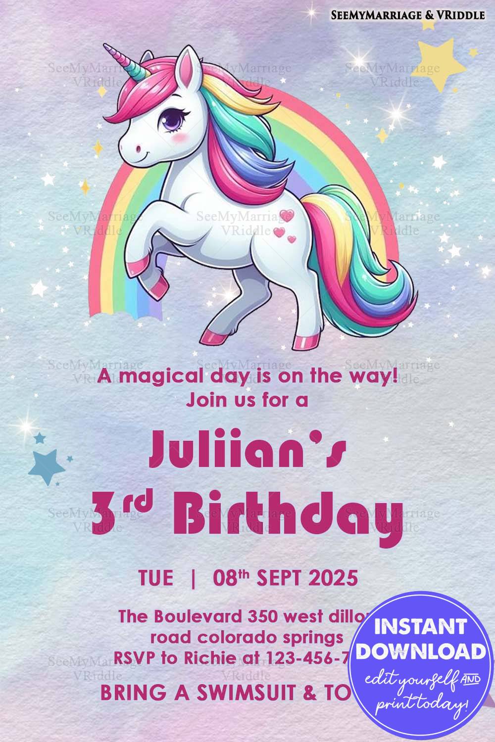 Magical Unicorn-Themed 3rd Birthday Invitation with Sparkly Details,  Rainbow and Pastel Background – SeeMyMarriage, image size:1000x1500