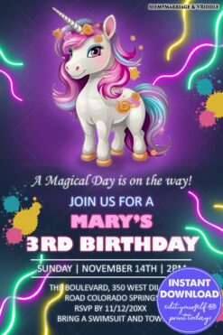 Magical Unicorn-Themed 3rd Birthday Party Invitation with Neon Highlights and Pastel Colors