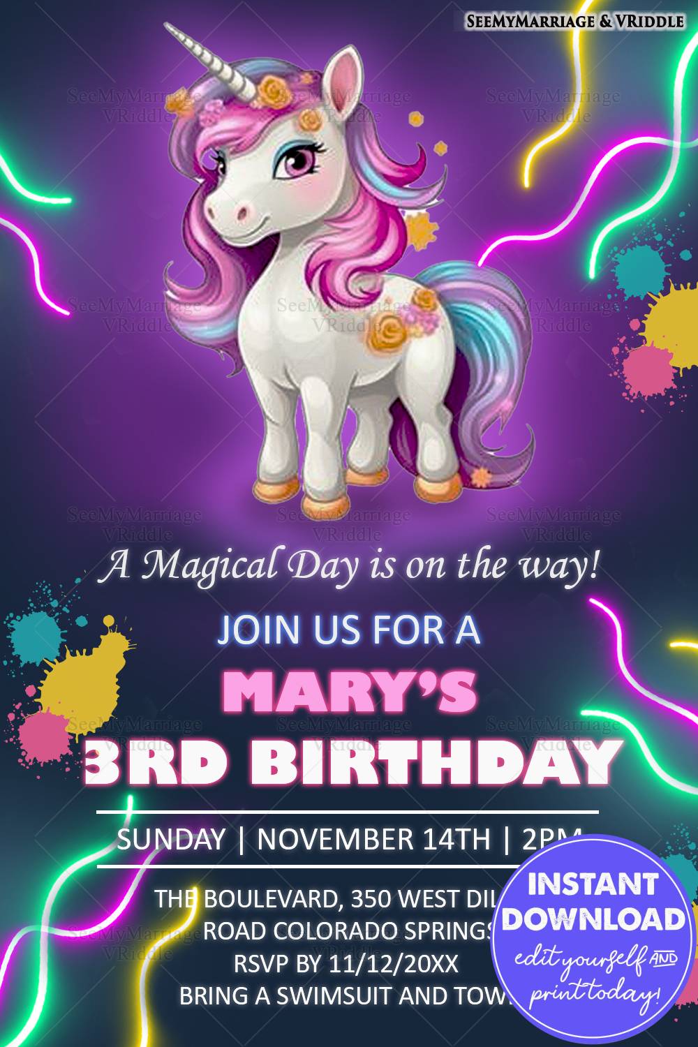 Magical Unicorn-Themed 3rd Birthday Party Invitation with Neon Highlights and Pastel Colors
