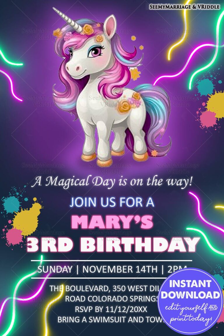 Magical Unicorn-Themed 3rd Birthday Party Invitation with Neon Highlights and Pastel Colors