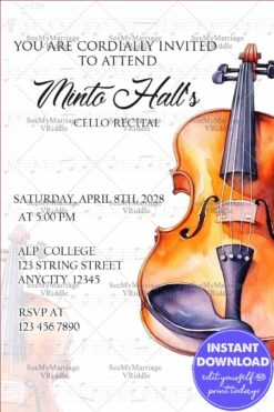 Minimal Cello Recital Invitation Featuring a Watercolor Cello Illustration with Clean Typography