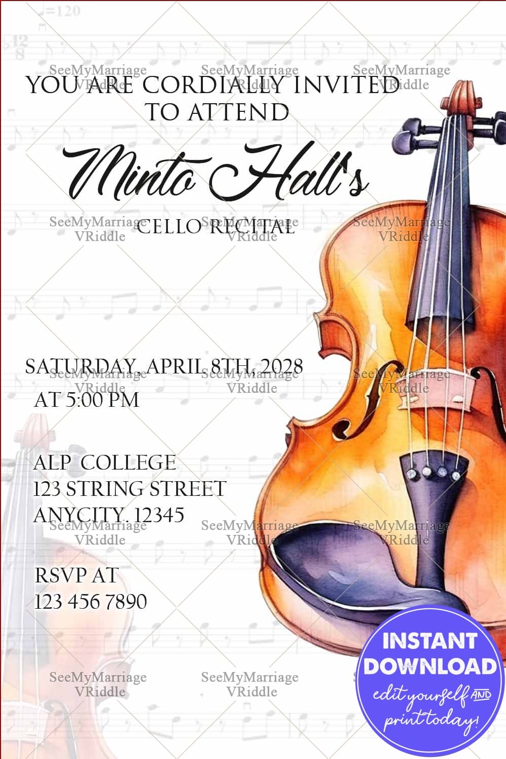 Minimal Cello Recital Invitation Featuring a Watercolor Cello Illustration with Clean Typography