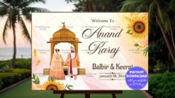Minimalist Anand Karaj Wedding Banner with Traditional Sikh Couple Illustration and Vibrant Sunflowers