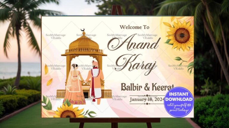 Minimalist Anand Karaj Wedding Banner with Traditional Sikh Couple Illustration and Vibrant Sunflowers