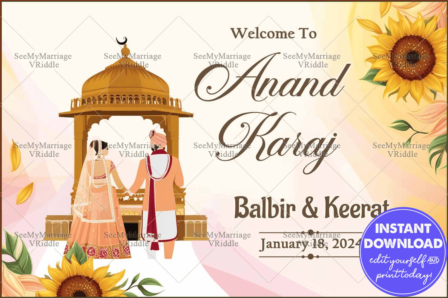Minimalist Anand Karaj Wedding Banner with Traditional Sikh Couple Illustration and Vibrant Sunflowers