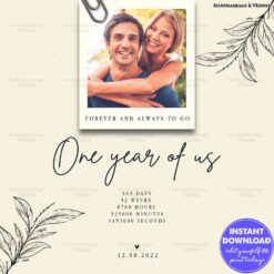 Minimalist Anniversary Card Design with Polaroid Photo and Floral Illustrations