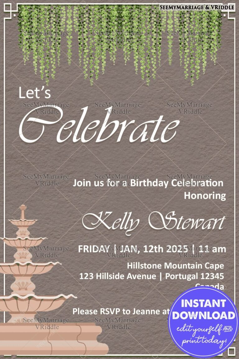 Minimalist Birthday Invitation with Hanging Greenery and Elegant Fountain Motif