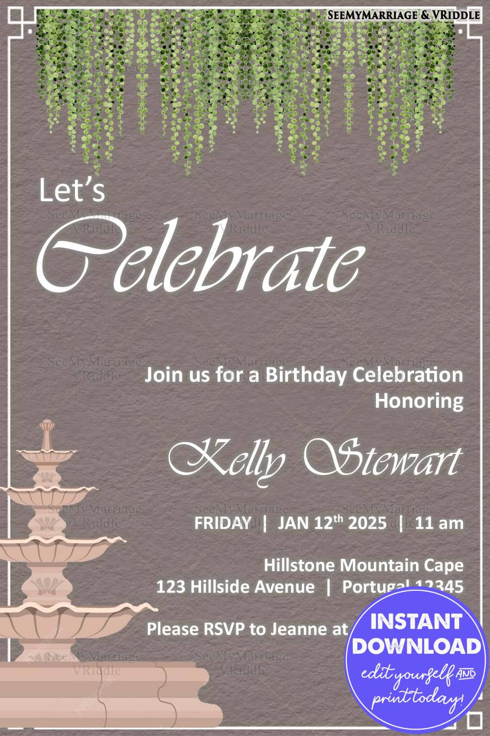 Minimalist Birthday Invitation with Hanging Greenery and Elegant Fountain Motif