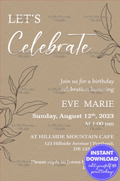 Minimalist Birthday Invitation with Natural Beige Background, Line Art Florals and Glow Effects