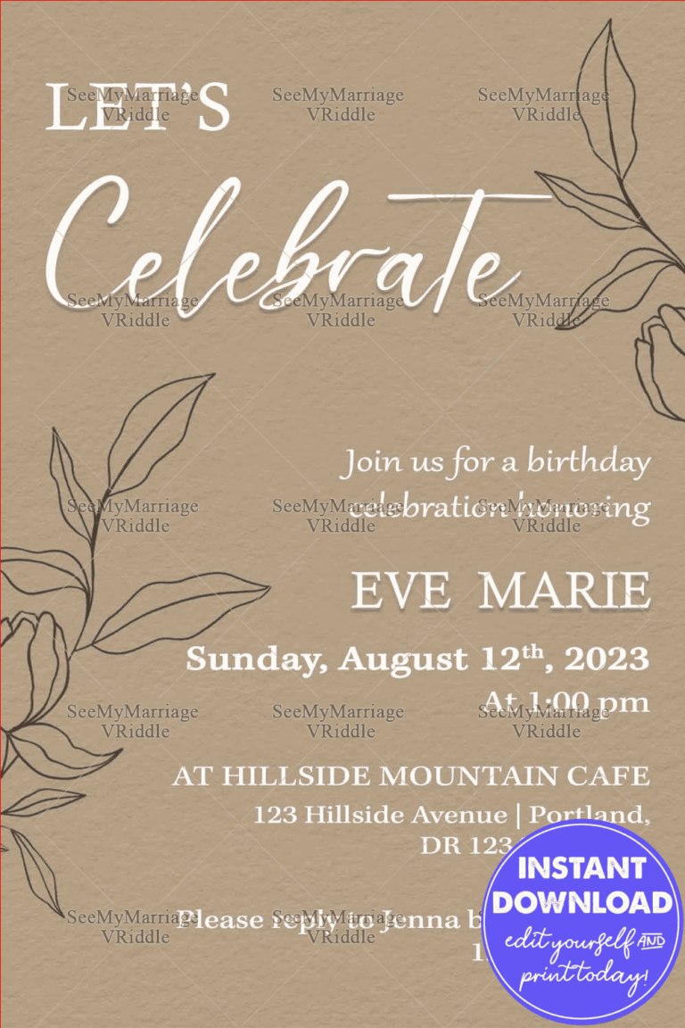 Minimalist Birthday Invitation with Natural Beige Background, Line Art Florals and Glow Effects