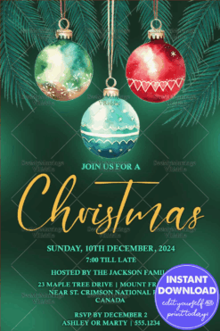 Minimalist Christmas Party Invitation with Watercolor Ornaments, Pine Branches and a Forest Green Background