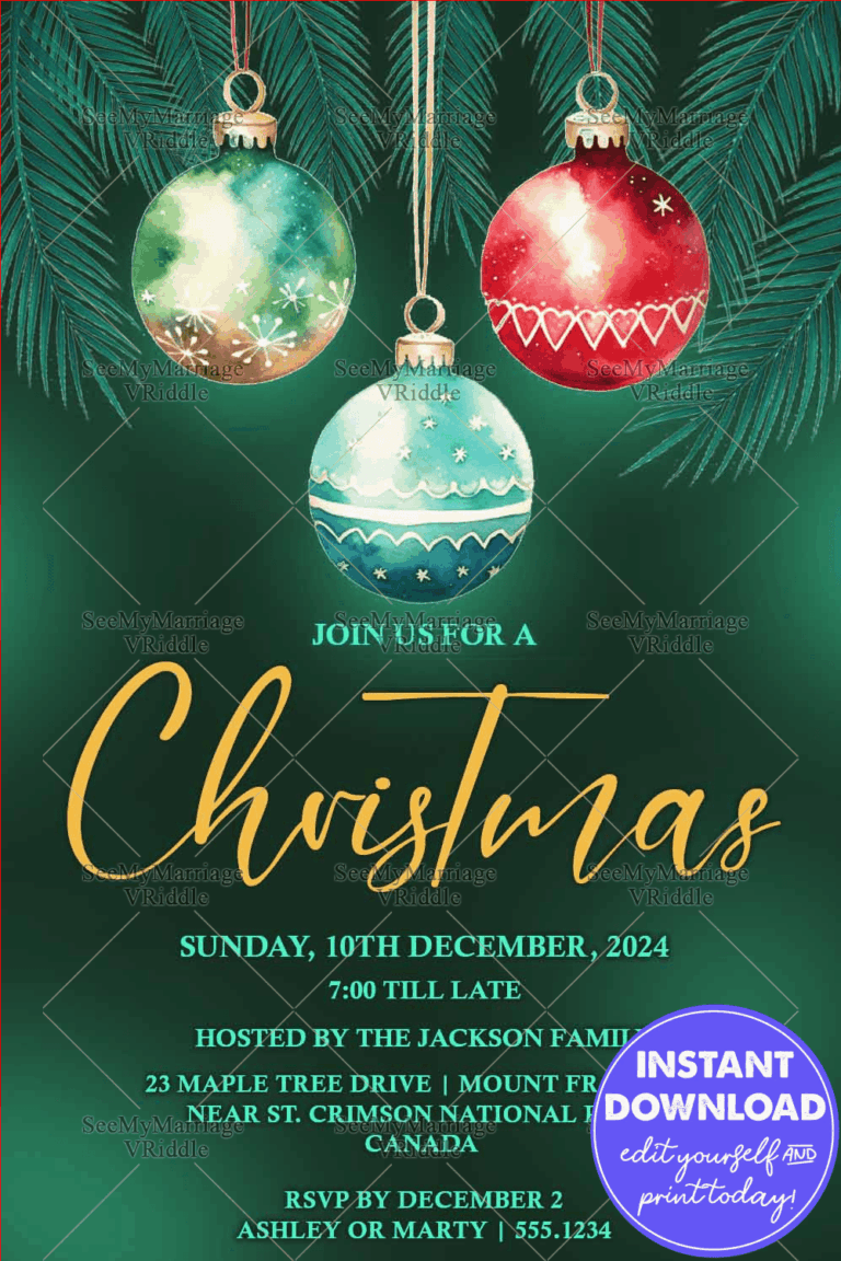 Minimalist Christmas Party Invitation with Watercolor Ornaments, Pine Branches and a Forest Green Background
