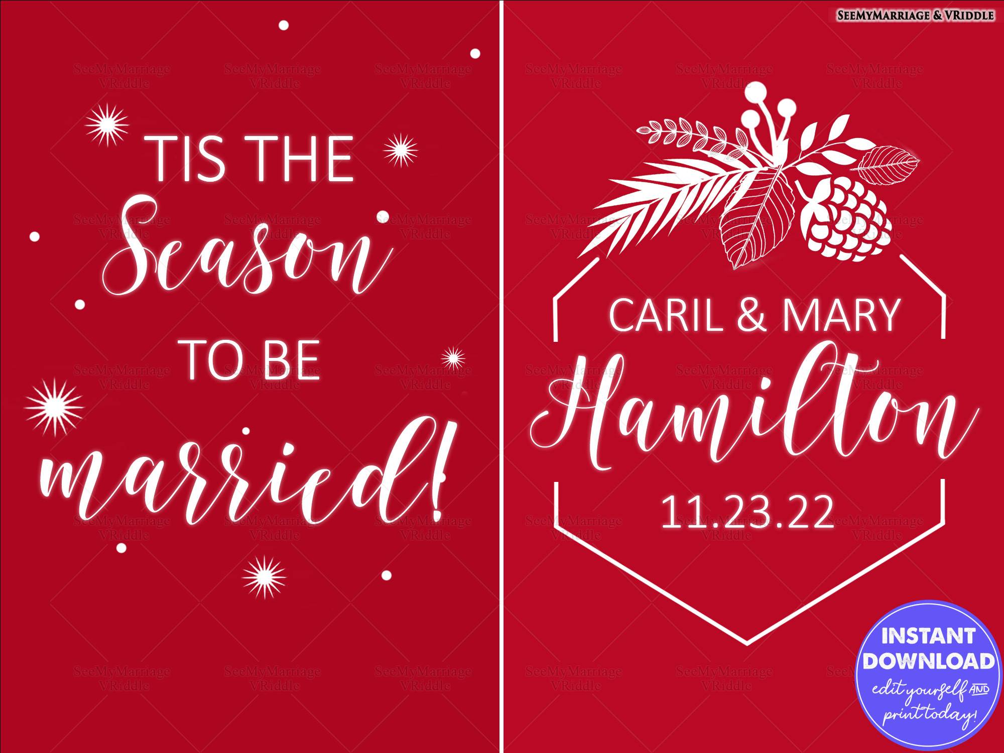 Minimalist Christmas-Themed Wedding Announcement with Pinecone and Foliage Motif on Red Background