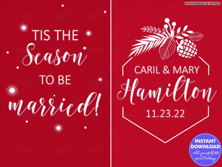 Minimalist Christmas-Themed Wedding Announcement with Pinecone and Foliage Motif on Red Background