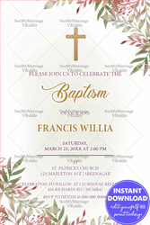 Minimalist Elegant Baptism Invitation with Gold Cross and Floral Accents