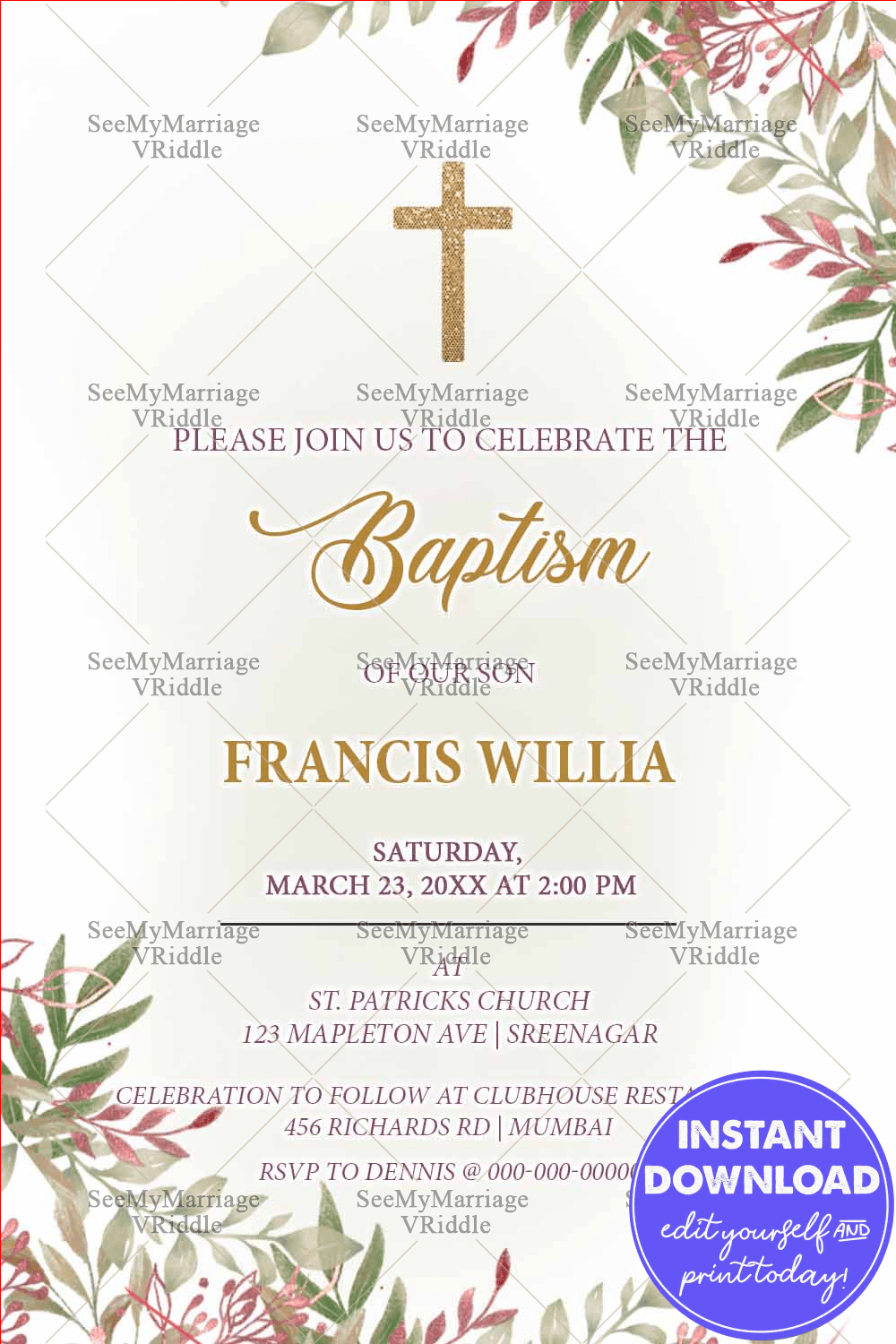 Minimalist Elegant Baptism Invitation with Gold Cross and Floral Accents