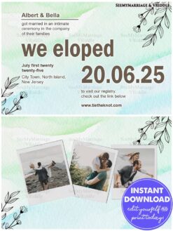 Minimalist Elopement Announcement with Polaroid Photo Collage and Watercolor Background