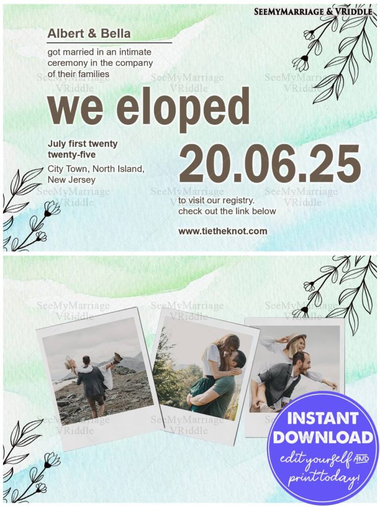 Minimalist Elopement Announcement with Polaroid Photo Collage and Watercolor Background