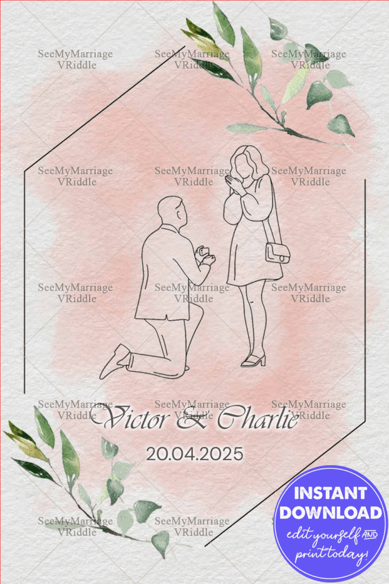 Minimalist Engagement Announcement with Line Art Couple Illustration and Soft Pink Watercolor Background