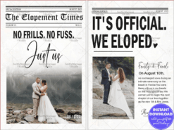 Minimalist Newspaper-Themed Elopement Announcement with Romantic Black and White Photography
