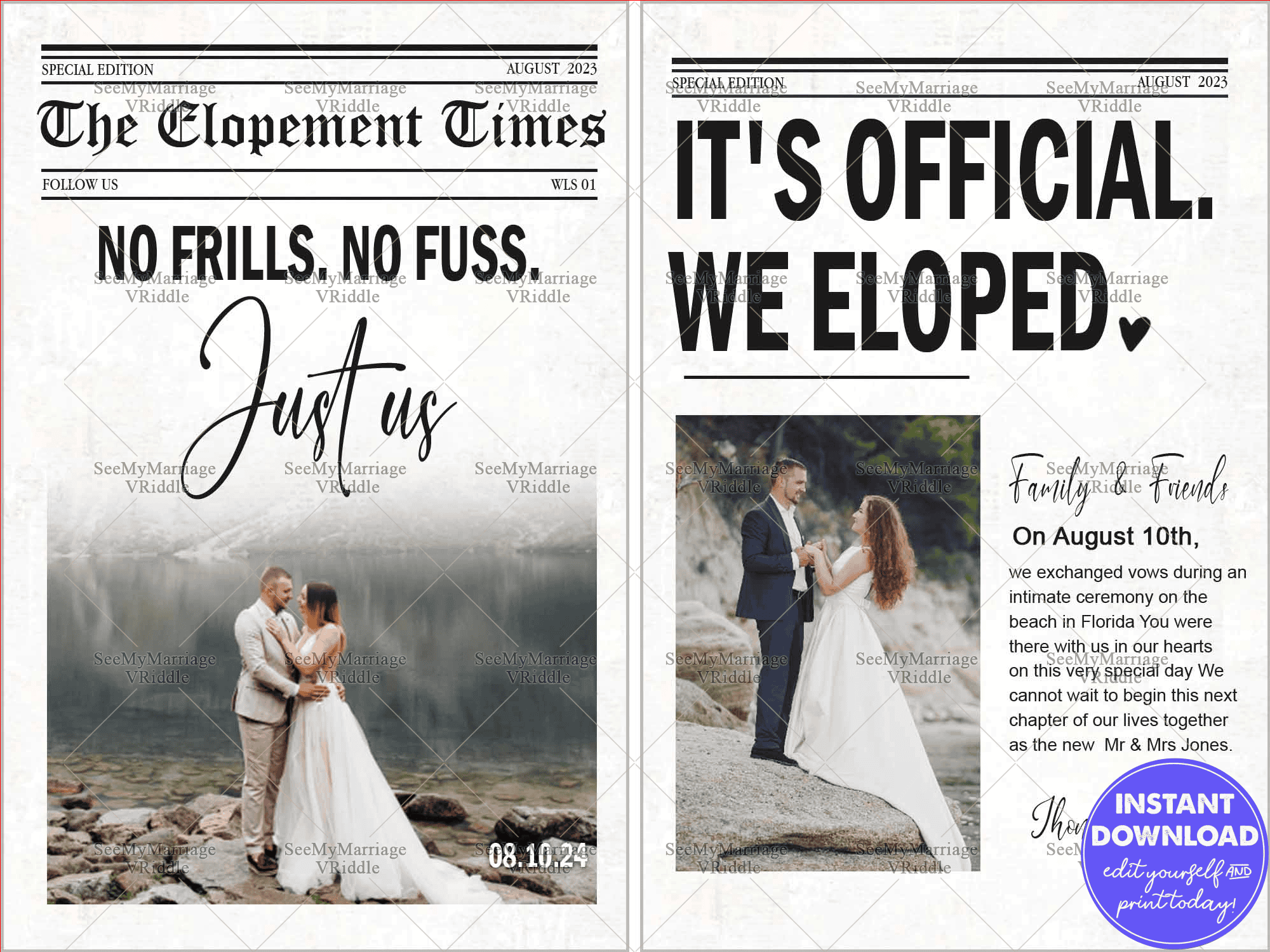 Minimalist Newspaper-Themed Elopement Announcement with Romantic Black and White Photography