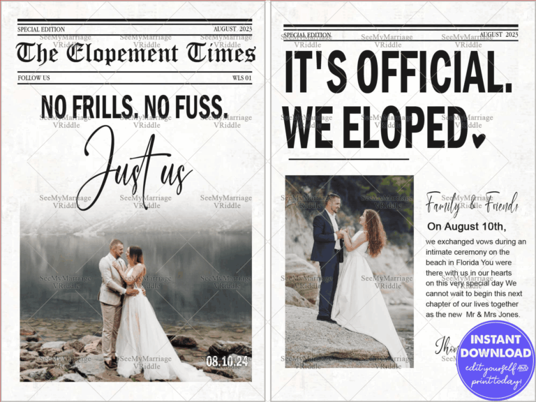 Minimalist Newspaper-Themed Elopement Announcement with Romantic Black and White Photography