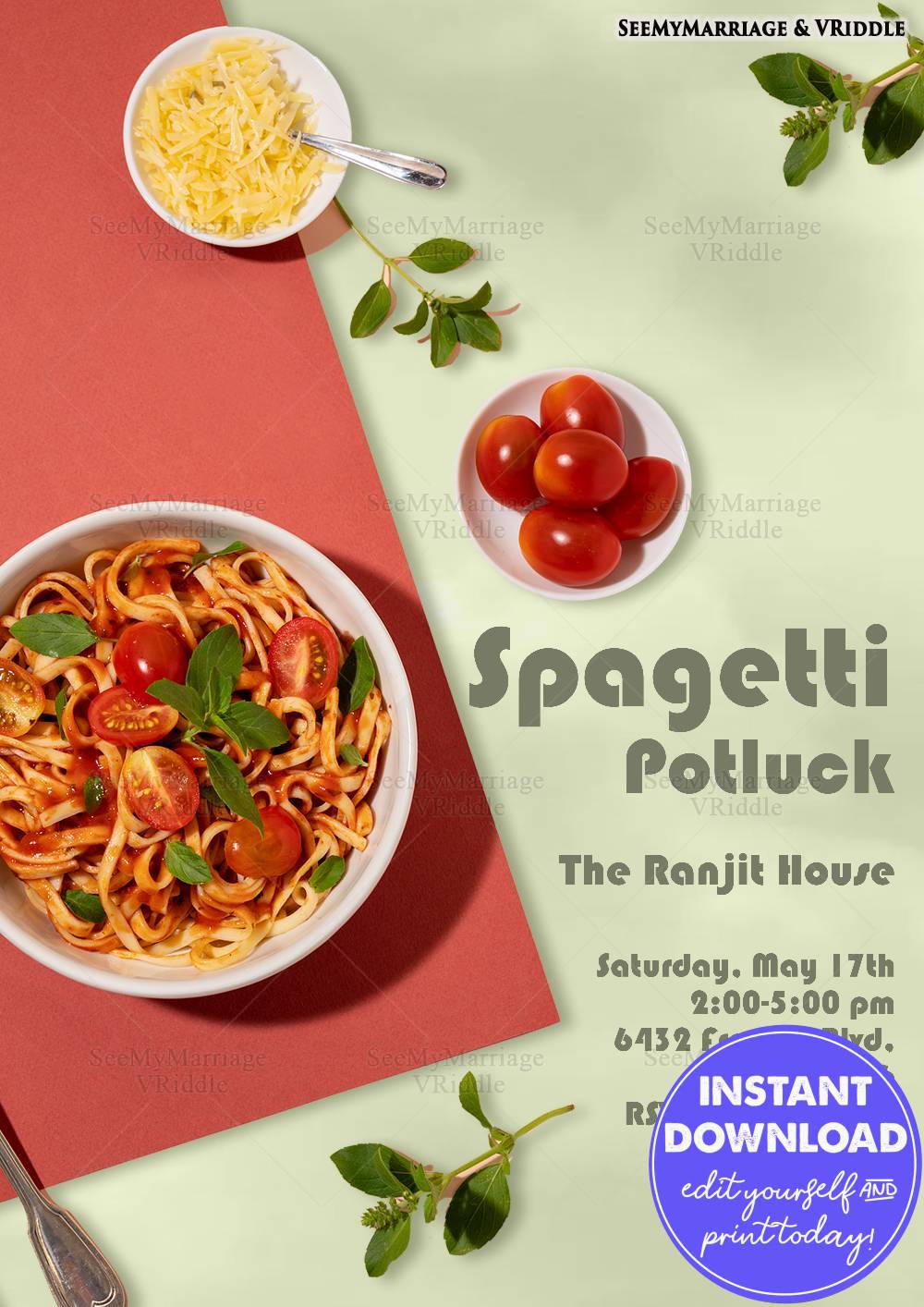Minimalist Spaghetti Potluck Invitation in a Clean Minimal Layout and Fresh Italian Food Elements