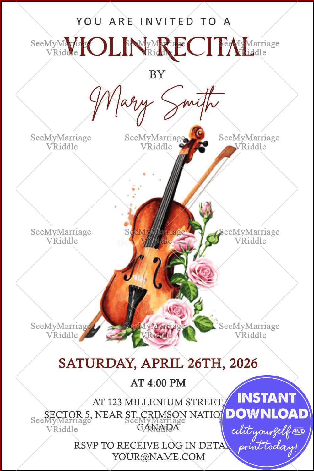 Minimalist Violin Recital Invitation with Watercolour Roses and Neat Typography