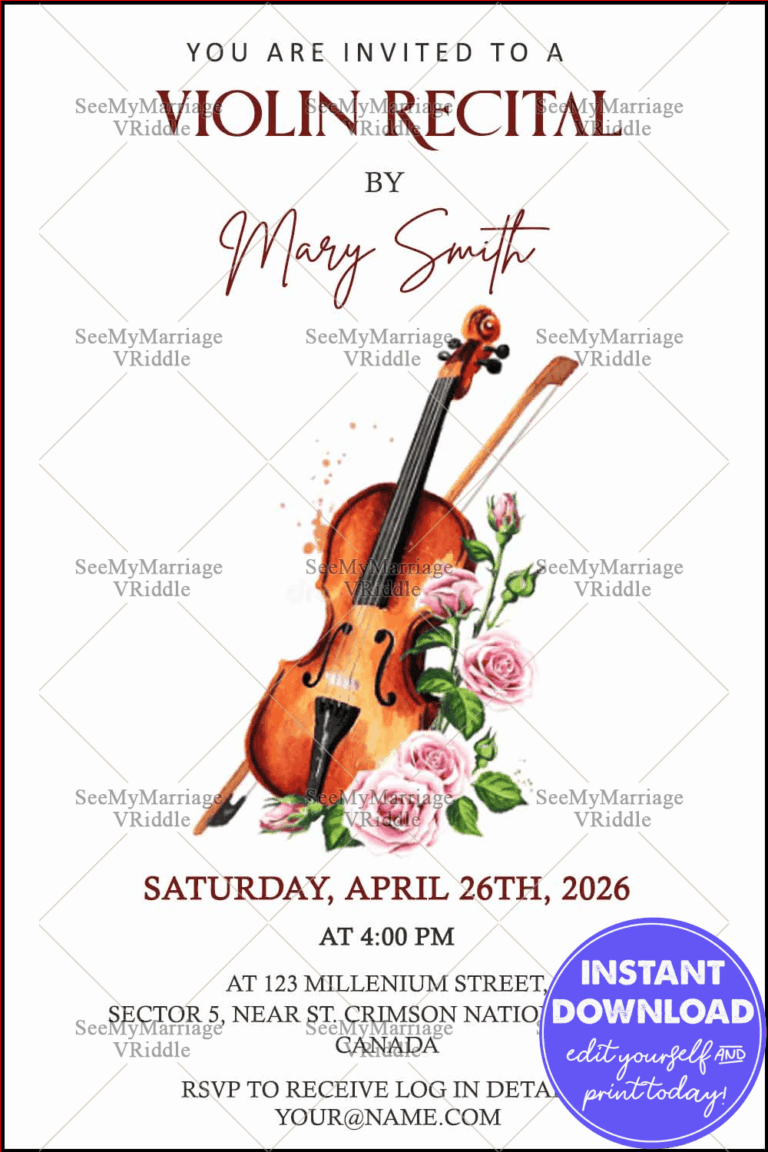 Minimalist Violin Recital Invitation with Watercolour Roses and Neat Typography
