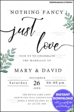 Minimalist Wedding Invitation with Elegant Script and Green Botanical Accents on White Background