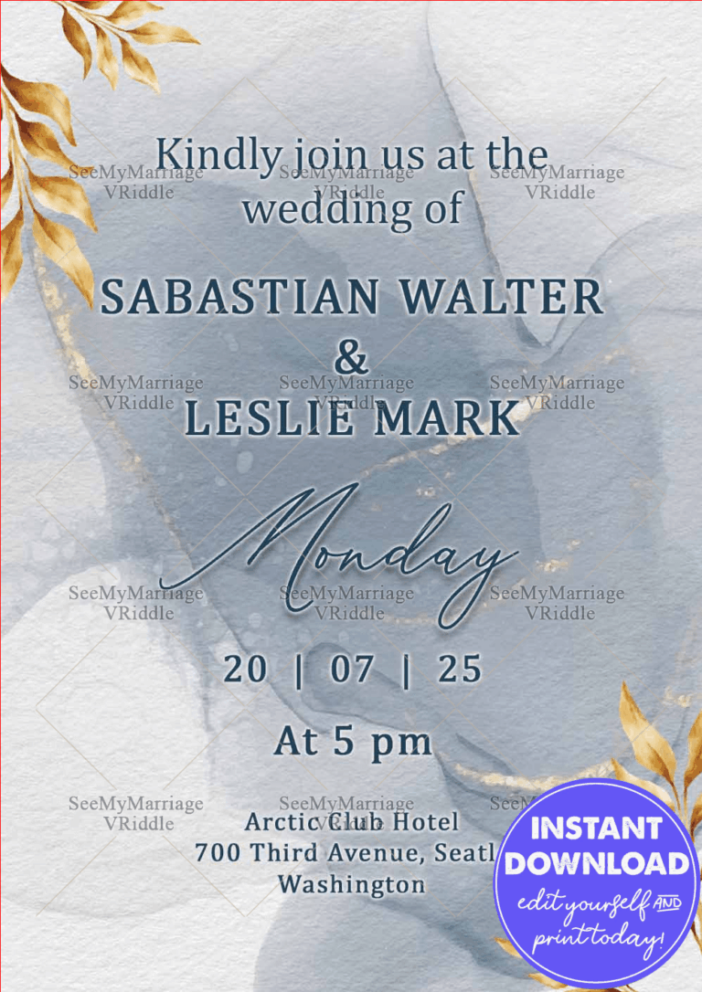 Minimalist Wedding Invitation with Navy and Gold Accents, Watercolor Background, and Elegant Typography
