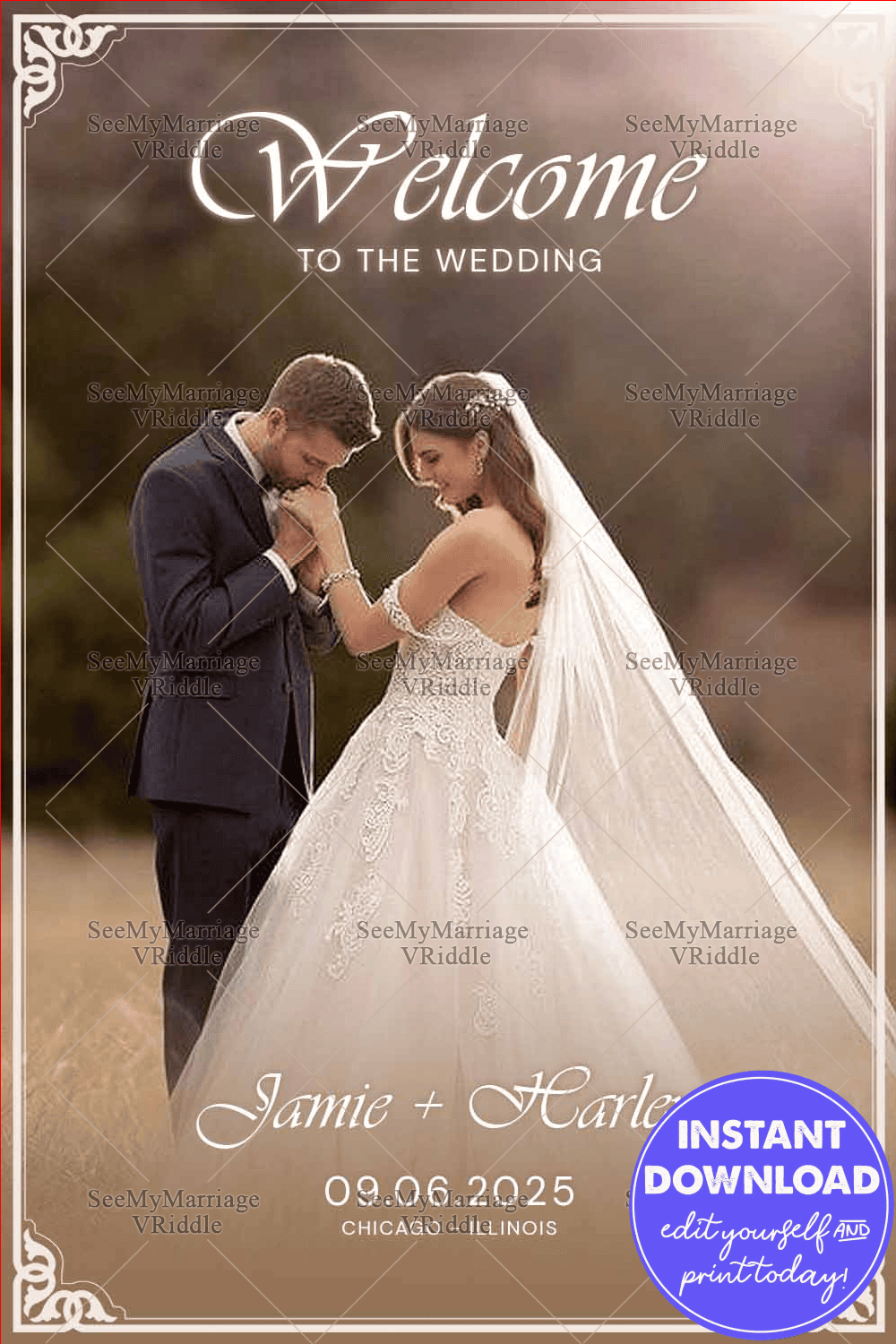 Minimalist Wedding Welcome Banner with Romantic Photography and Intricate Corner Accents
