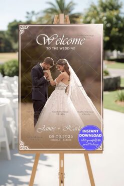 Minimalist Wedding Welcome Banner with Romantic Photography and Intricate Corner Accents