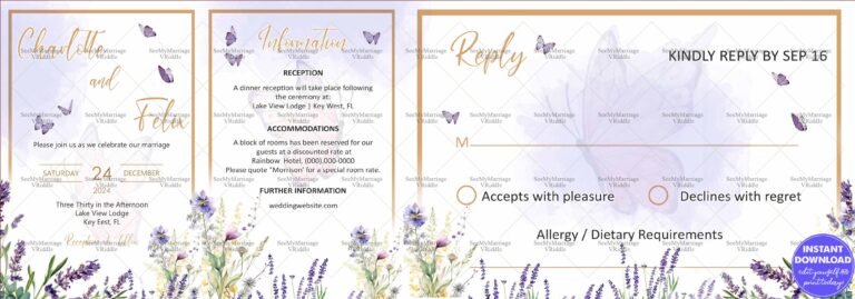Minimalist White and Gold Wedding Invitation Suite  with Spring Floral Design and RSVP Card